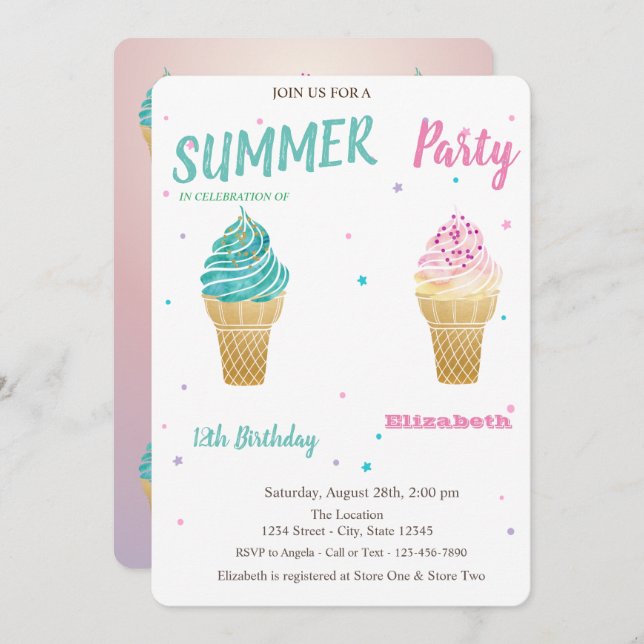 Watercolor Ice cream Stars Birthday   Invitation (Front/Back)