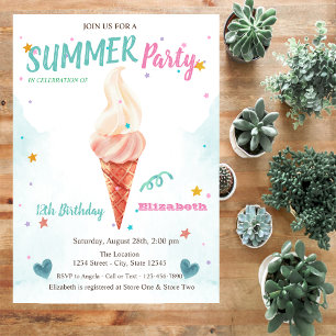Watercolor Ice cream Stars Summer Birthday  Invitation
