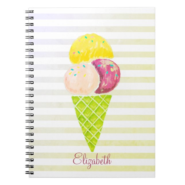 Watercolor Ice cream,Striped  Notebook (Front)