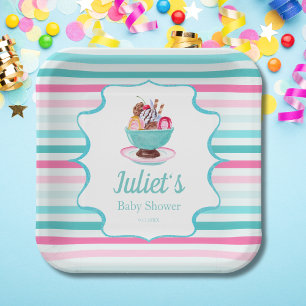 Watercolor Ice Cream Sundae Baby Shower Paper Plate