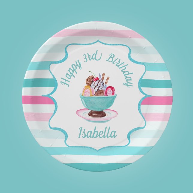 Watercolor Ice Cream Sundae Birthday  Paper Plate (Creator Uploaded)
