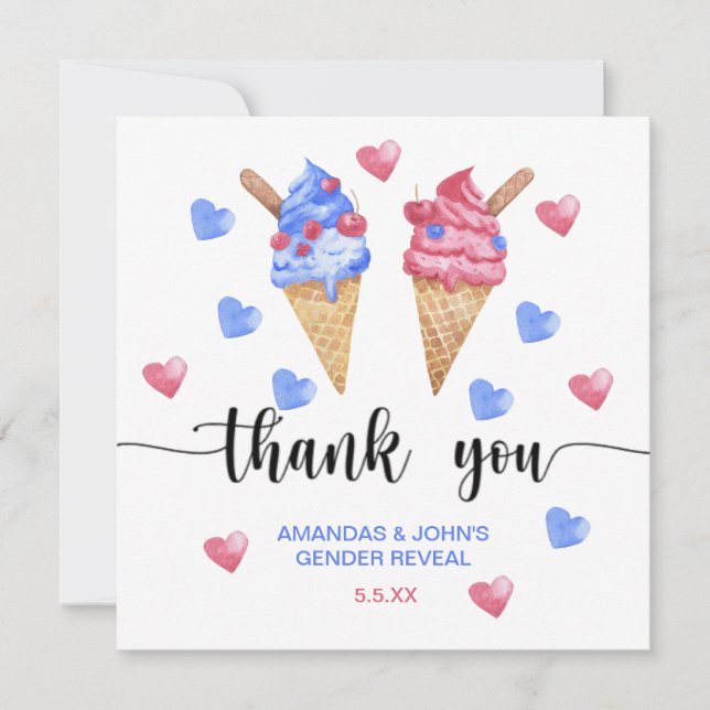 Watercolor Ice cream Thank you gender reveal Card (Front)