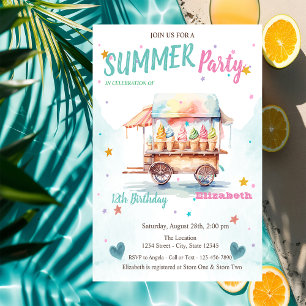 Watercolor Ice cream Truck Stars Birthday  Invitation