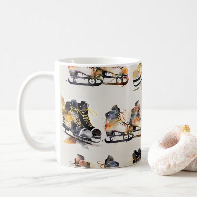 Watercolor Ice Skates with Autumn Leaves Pattern   Coffee Mug (With Donut)