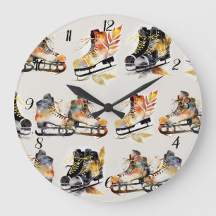 Watercolor Ice Skates with Autumn Leaves Pattern   Large Clock