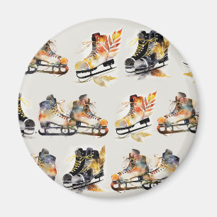 Watercolor Ice Skates with Autumn Leaves Pattern   Magnet