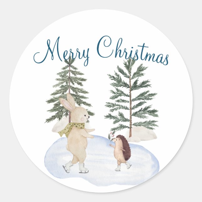 Watercolor Ice Skating Forest Animals Classic Round Sticker (Front)