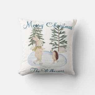 Watercolor Ice Skating Forest Animals Cushion