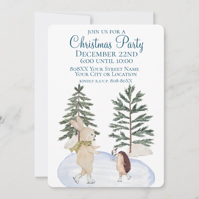 Watercolor Ice Skating Forest Animals Invitation (Front)