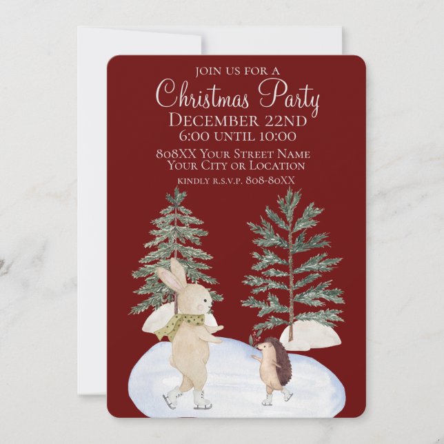 Watercolor Ice Skating Forest Animals on Burgundy Invitation (Front)