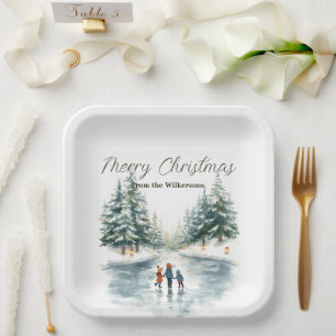Watercolor Ice Skating on Frozen Lake Personalised Paper Plate