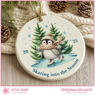Watercolor Ice Skating Penguin Personalized Ceramic Ornament