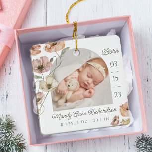 Watercolor Icelandic Poppy Baby Birth Stats Photo Ceramic Ornament