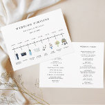 Watercolor Icon Wedding Day Timeline & Ceremony Program<br><div class="desc">Illustrated watercolor icon wedding timeline program and the ceremony details on the back . This card features bride & groom,  rings,  camera,  cocktail glass,  plate setting,  music notes,  cake,  bouquet,  and retro car. For more advanced customisation of this design,  please click the "Customise further" link.</div>