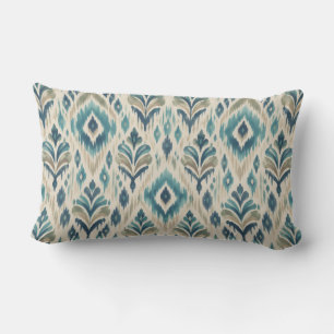 Watercolor Ikat Pattern in Teal, Sage & Dusty Blue Lumbar Cushion