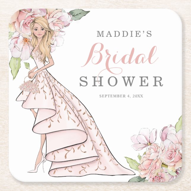 Watercolor Illustrated Bride Bridal Shower Square Paper Coaster (Front)