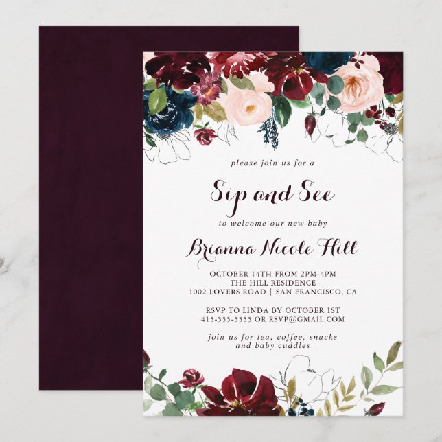 Watercolor Illustrated Calligraphy Sip and See Invitation (Front/Back)