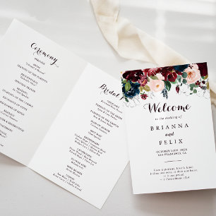 Watercolor Illustrated Fall Floral Folded Wedding Program