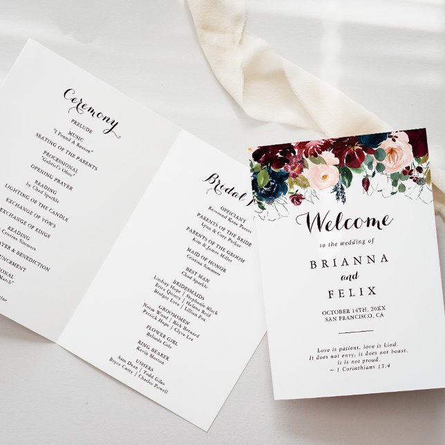 Watercolor Illustrated Fall Floral Folded Wedding Program (Creator Uploaded)