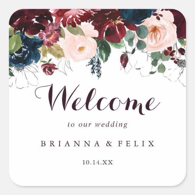 Watercolor Illustrated Fall Floral Wedding Welcome Square Sticker (Front)