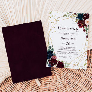 Watercolor Illustrated Geometric Gold Quinceañera Invitation