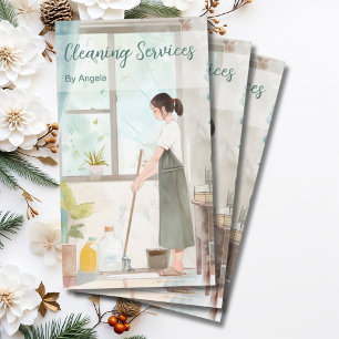 Watercolor Illustrated Maid Cleaning Services Business Card