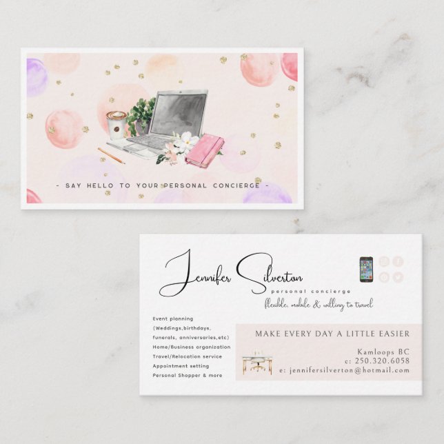 Watercolor Illustrated Personal Concierge Logo Business Card (Front/Back)