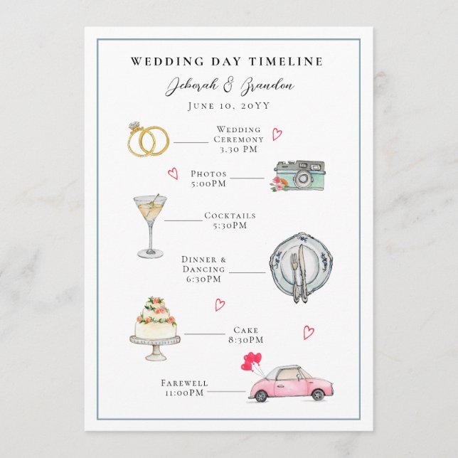 Watercolor Illustrated wedding day Program (Front)