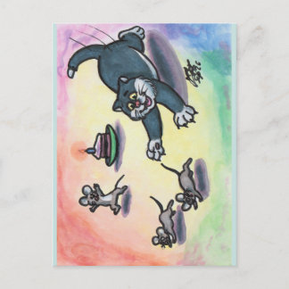 Watercolor Illustration Cat Cartoon Cake Mouse Postcard