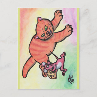 Watercolor Illustration Cat Mouse Cheese cartoon Postcard