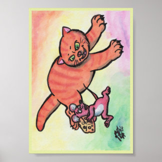 Watercolor Illustration Cat Mouse Cheese cartoon Poster