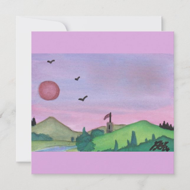Watercolor Illustration Mediaeval Tower Nature Sun Invitation (Front)