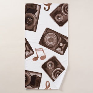 Watercolor illustration music speakers with notes  bath towel
