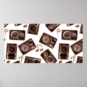 Watercolor illustration music speakers with notes  poster