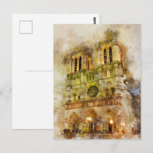 Watercolor Illustration Notre Dame Cathedral Paris Postcard