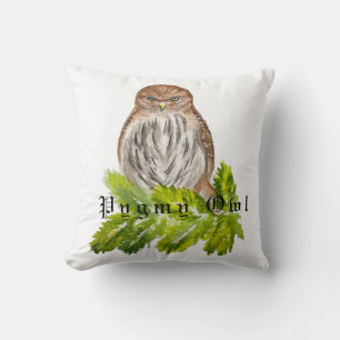 Watercolor illustration of a bird pygmy owl cushion