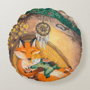 watercolor illustration of a burrow dad fox on a c round cushion