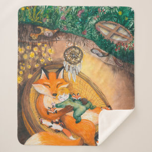 watercolor illustration of a burrow dad fox on a c sherpa blanket