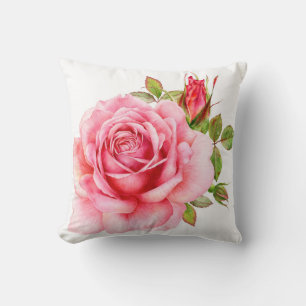 Watercolor illustration of a delicate pink rose wi cushion