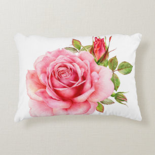 Watercolor illustration of a delicate pink rose wi decorative cushion