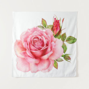 Watercolor illustration of a delicate pink rose wi tapestry