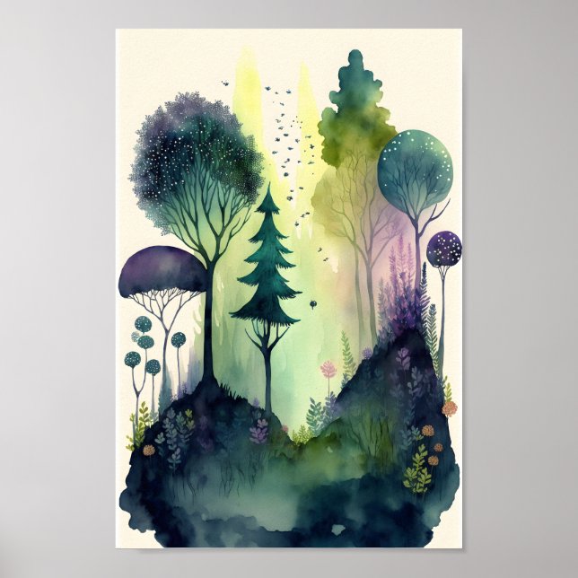 Watercolor illustration of a fairy tale forest poster (Front)