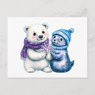 Watercolor Illustration of a Polar Bear and Seal Postcard