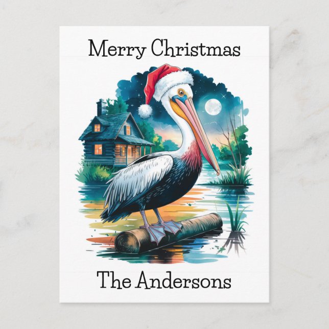 Watercolor Illustration of a Santa Pelican Holiday Postcard (Front)