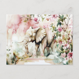 watercolor illustration of an elephant with flower postcard