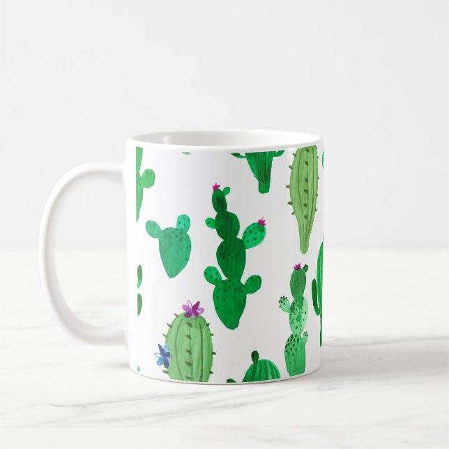 Watercolor illustration of green ink desert cactus coffee mug (Left)