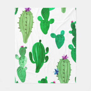 Watercolor illustration of green ink desert cactus fleece blanket