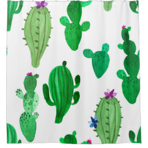 Watercolor illustration of green ink desert cactus shower curtain