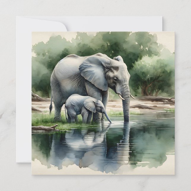 Watercolor Illustration of Mama and Baby Elephant (Front)