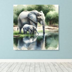 Watercolor Illustration of Mama and Baby Elephant Canvas Print